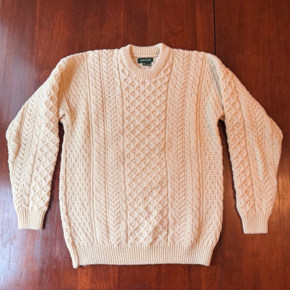 Orvis Men's Cream Cable Knit Crewneck Sweater - Medium